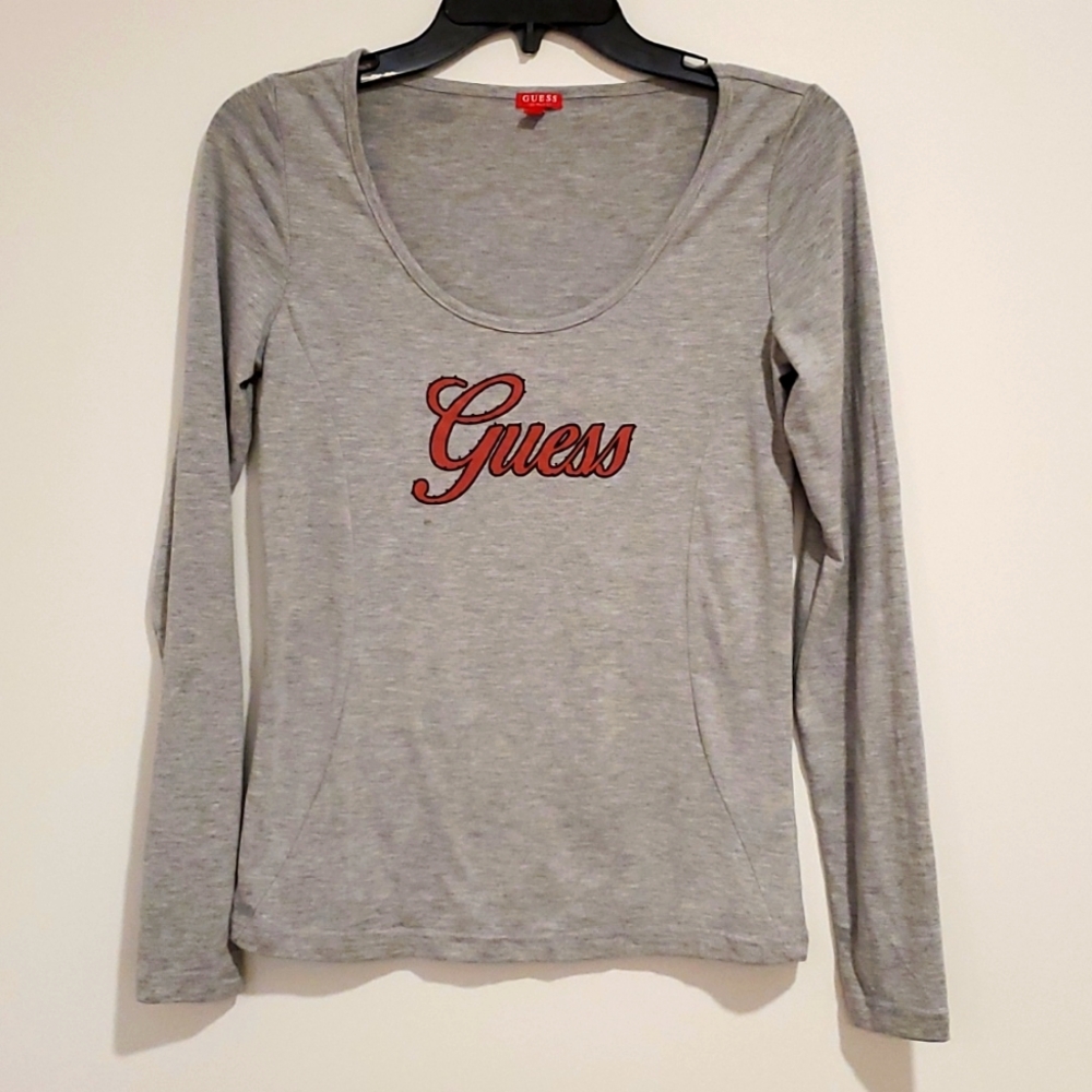GUESS logo gray long sleeve top black studs accents Small